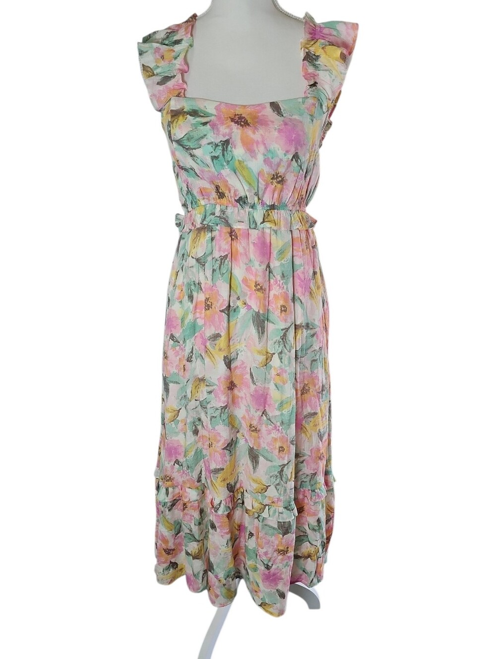 By The River Watercolor Floral Ruffle Midi Dress Nwt Size Small